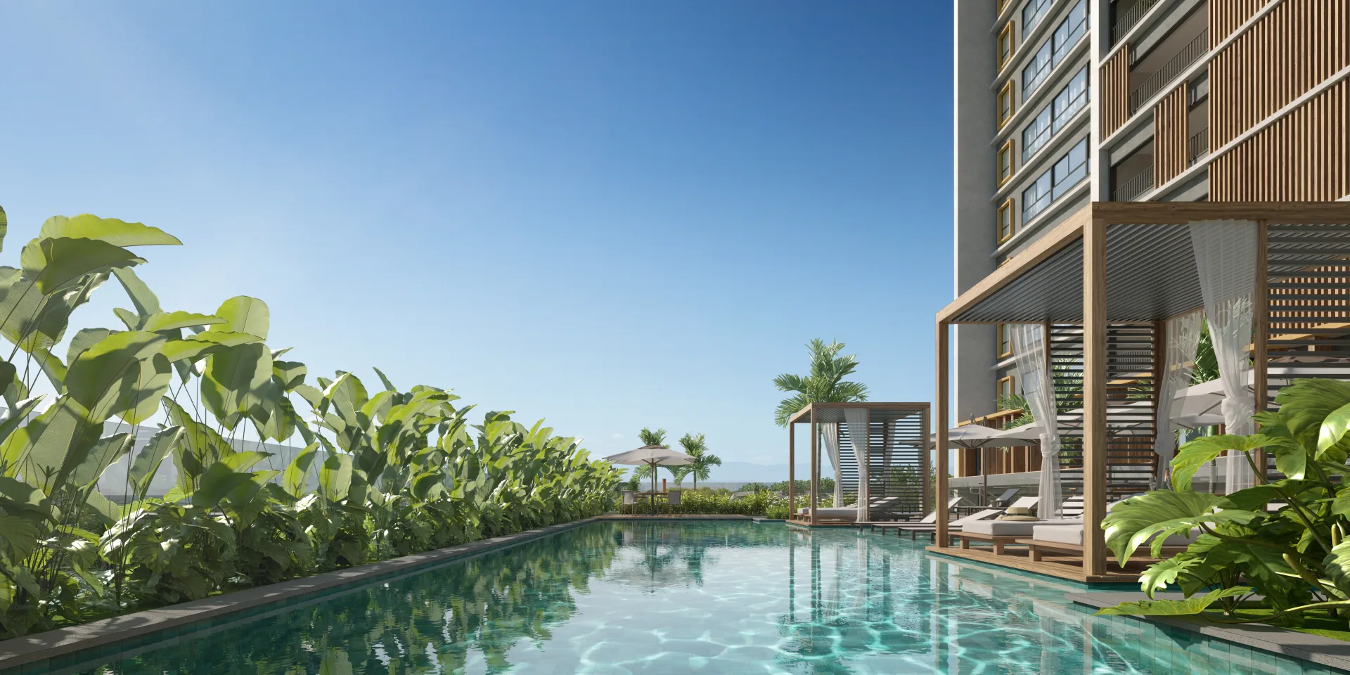 Piscina aérea com cabanas privativas no rooftop